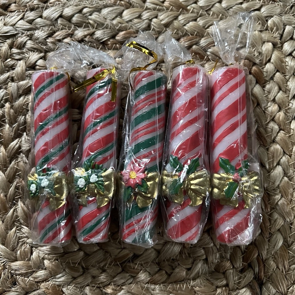 Vintage Ganz Christmas Taper Candles‎ Lot Of 5 Candy, Cane, Poinsettias, Bows